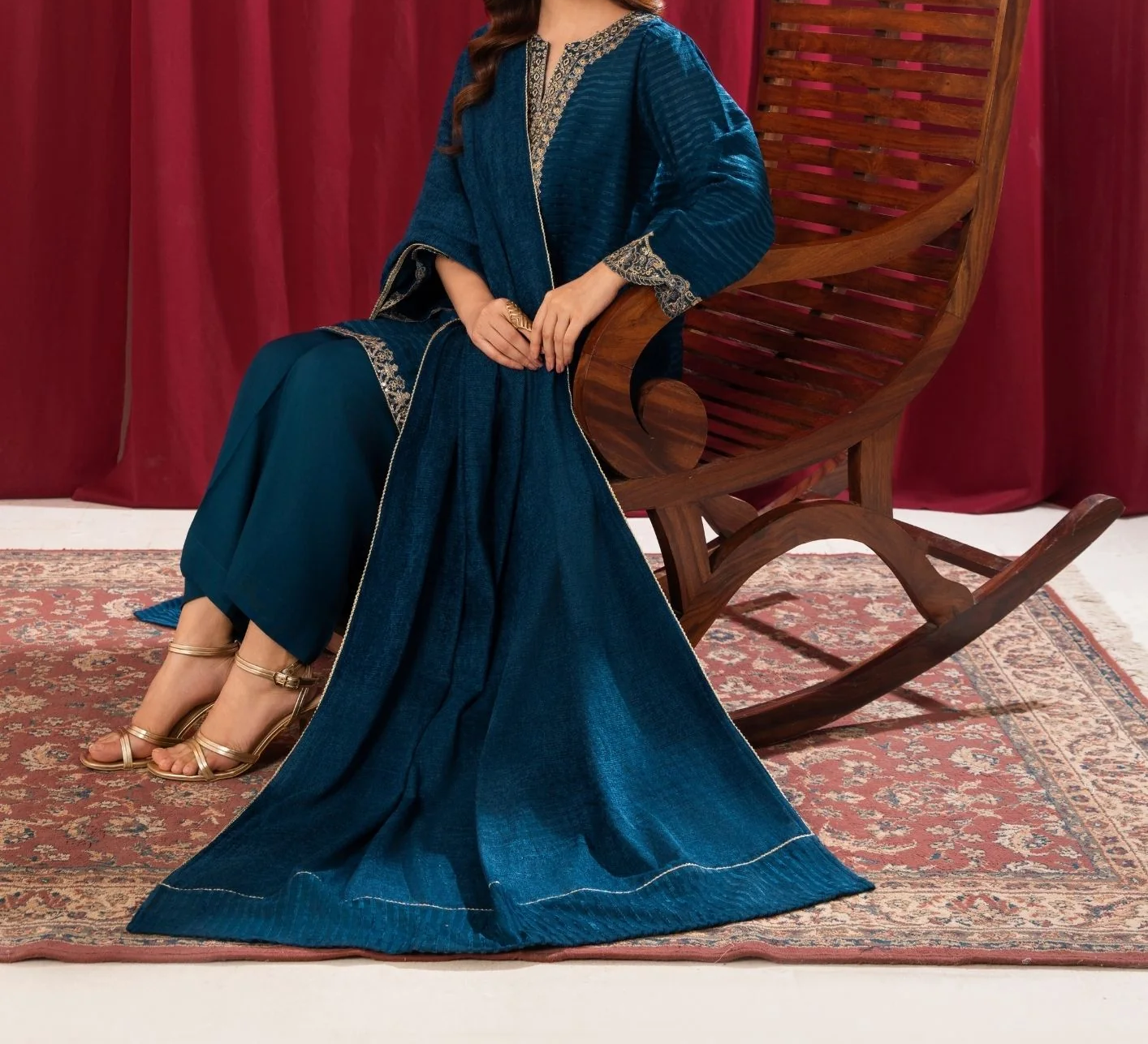 3Pc Alpine Velvet Tilla Embroidered with Velvet Shawl Teal AFP-A25-0001