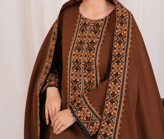 3pc Embroidered Khaddar with Embroidered Border Shawl Chocolate AML-W25-0029