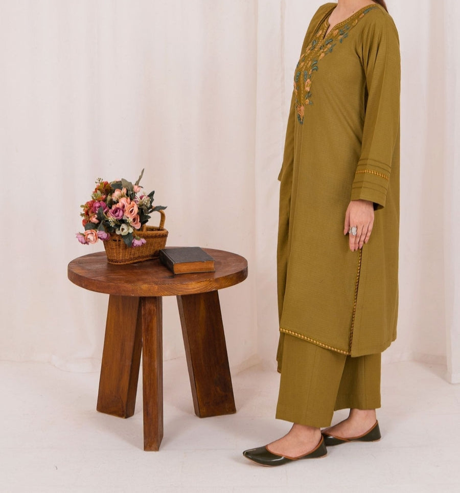 3pc Embroidered Rib Karandi with Embroidered Border Shawl Olivish Mustard AML-W25-0025