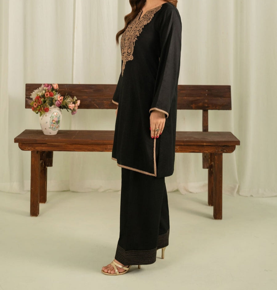 2pc Embroidered Khaddar with Farshi Shalwar Black AML-W25-0052