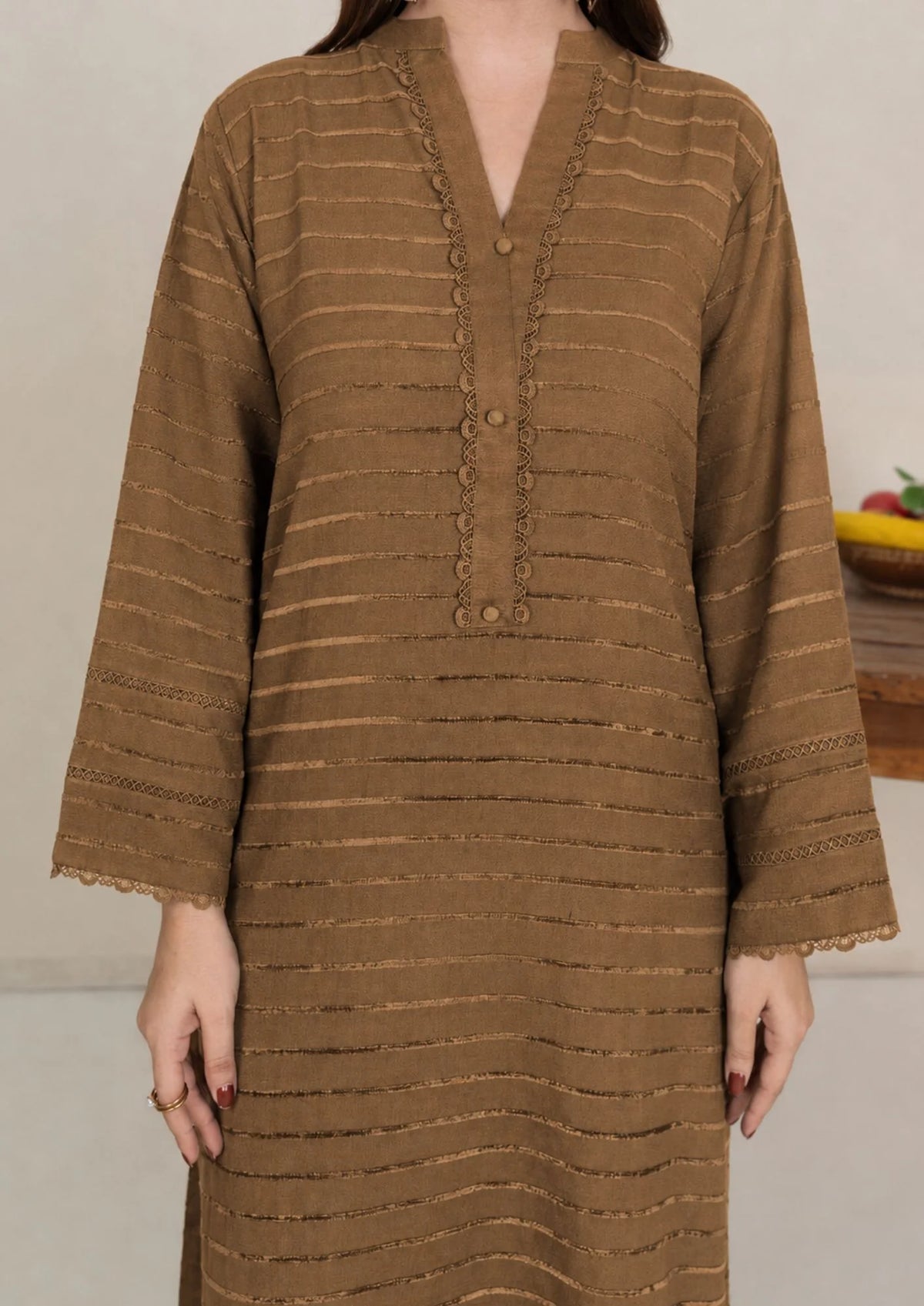 3pc Alpine Velvet Shirt with Velvet Border Shawl and Plain Trouser Chikoo AML-W26-0002