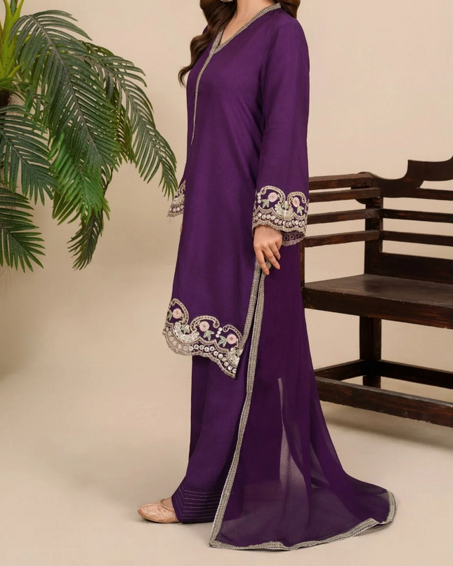 3-Piece Silk Viscose Suit with Chiffon Dupatta & Farshi Shalwar | BASANT-B25-0002