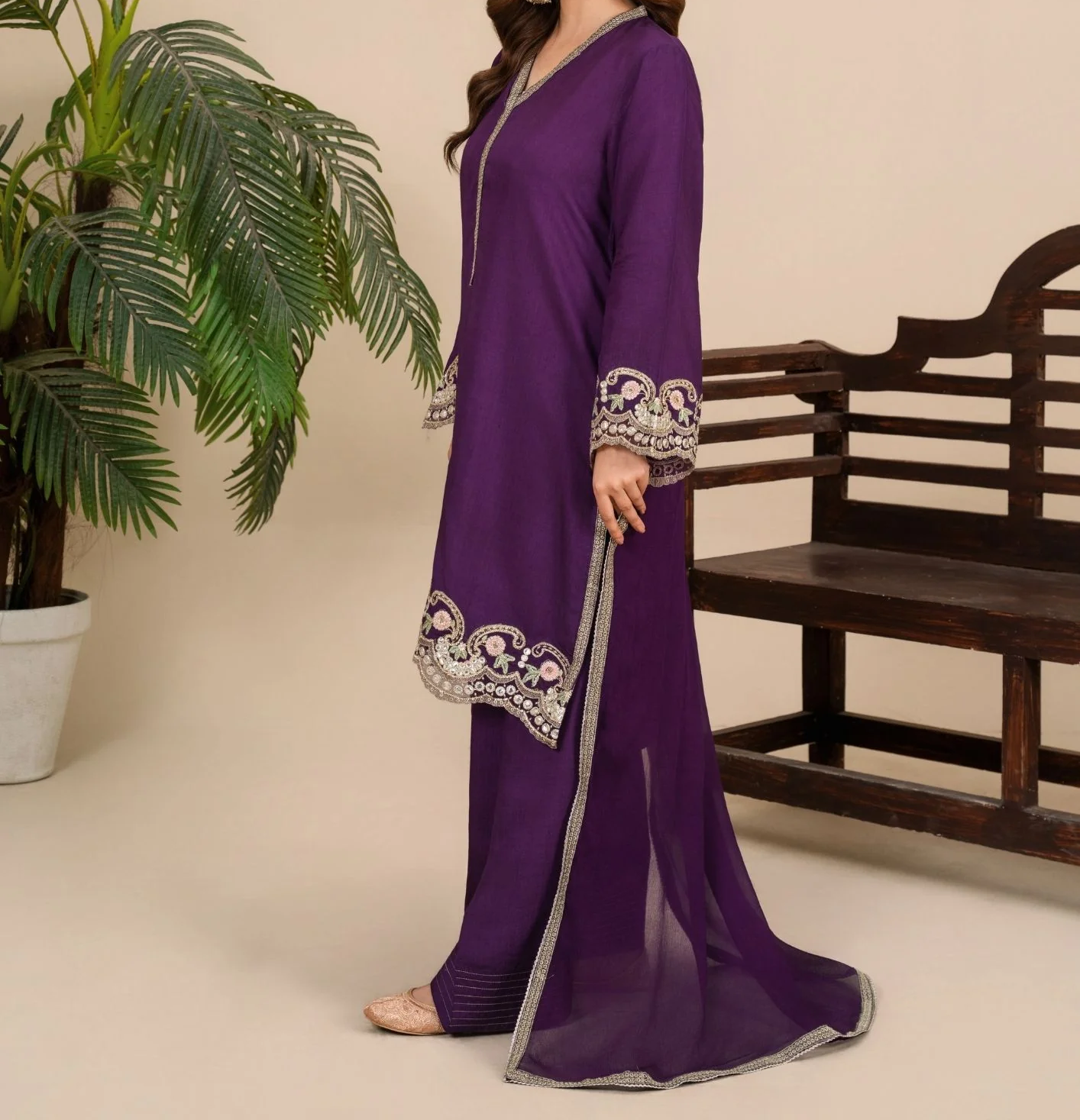 3-Piece Silk Viscose Suit with Chiffon Dupatta & Farshi Shalwar | BASANT-B25-0002