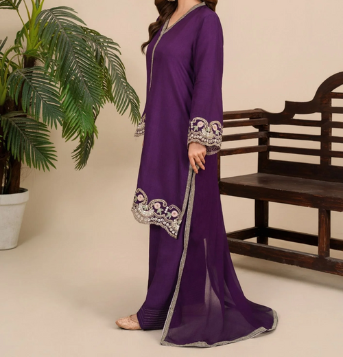 3-Piece Silk Viscose Suit with Chiffon Dupatta & Farshi Shalwar | BASANT-B25-0002