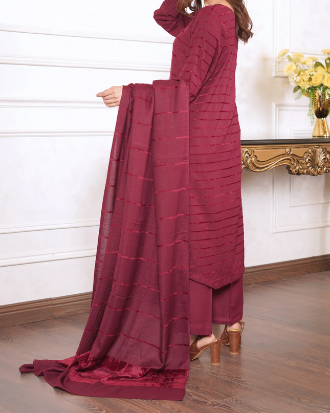 3pc Alpine Velvet Shirt with Velvet Border Shawl and Plain Trouser Maroon W24-VEL-0003