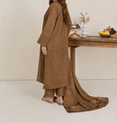 3pc Alpine Velvet Shirt with Velvet Border Shawl and Plain Trouser Chikoo AML-W26-0002