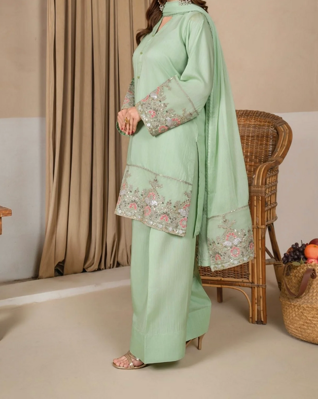 3Pc Embroidered Silk Viscose with Farshi Shalwar Mint JASHAN-J26-0005