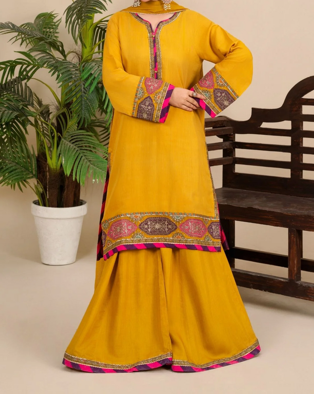 3-Piece Silk Viscose Suit with Chiffon Dupatta & Sharara | BASANT-B25-0005