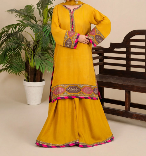 3-Piece Silk Viscose Suit with Chiffon Dupatta & Sharara | BASANT-B25-0005