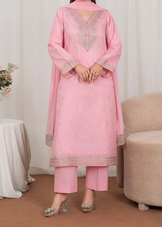 2Pc Tilla Embroidered Textured Lawn with Embroidered Border Chiffon Dupatta Pink JASHAN-J26-0028