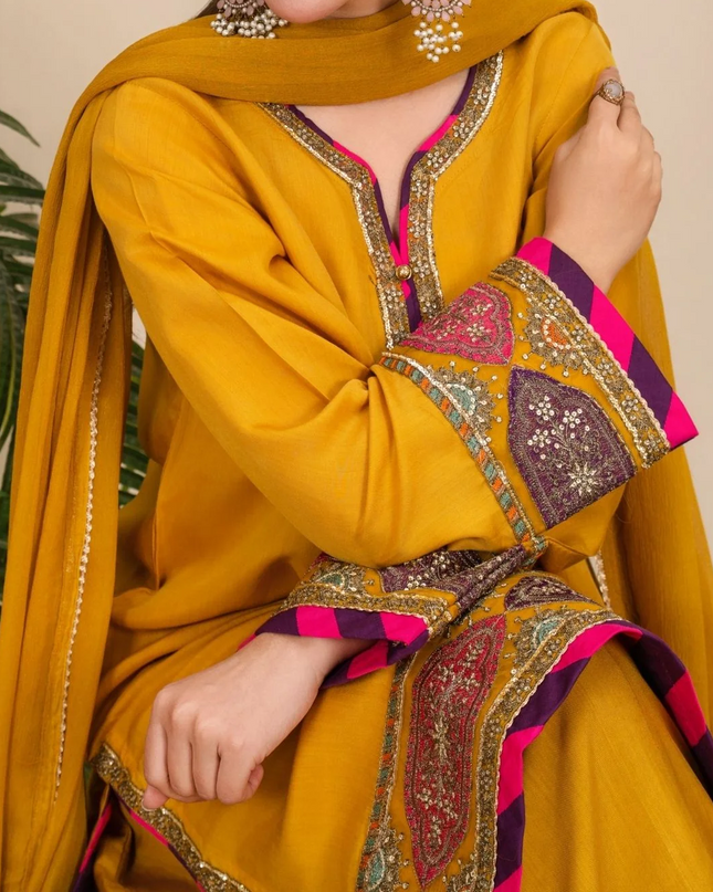 3-Piece Silk Viscose Suit with Chiffon Dupatta & Sharara | BASANT-B25-0005