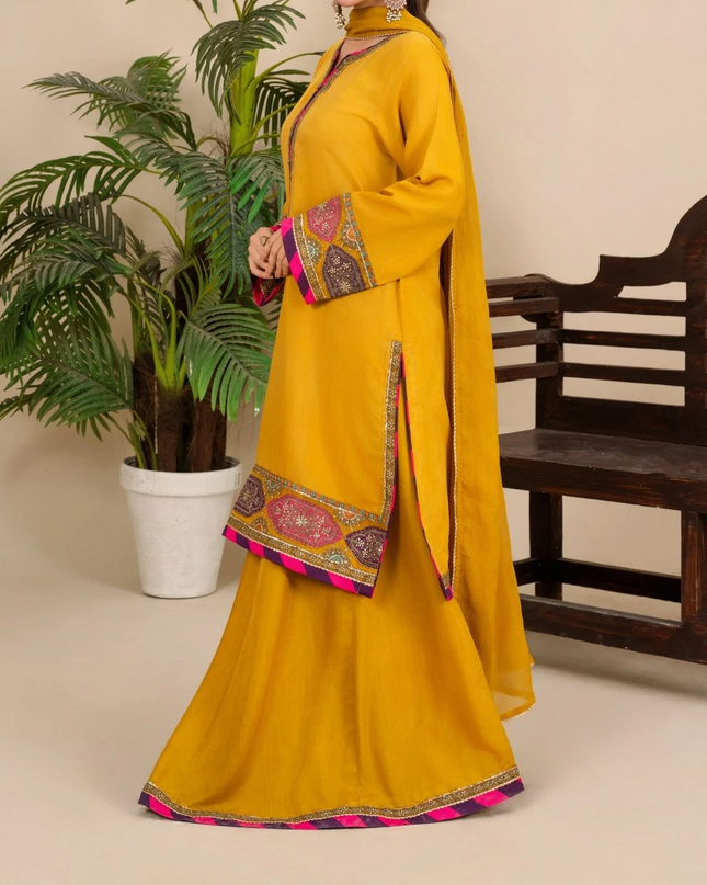 3-Piece Silk Viscose Suit with Chiffon Dupatta & Sharara | BASANT-B25-0005