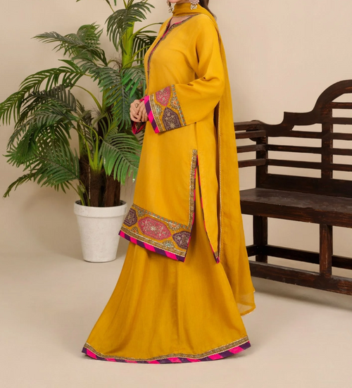 3-Piece Silk Viscose Suit with Chiffon Dupatta & Sharara | BASANT-B25-0005