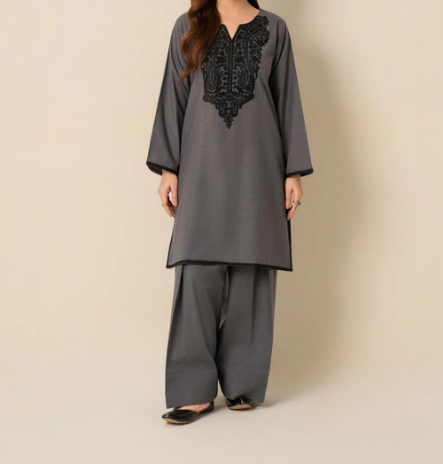 2pc Embroidered Khaddar with Farshi Shalwar Grey AML-W25-0021