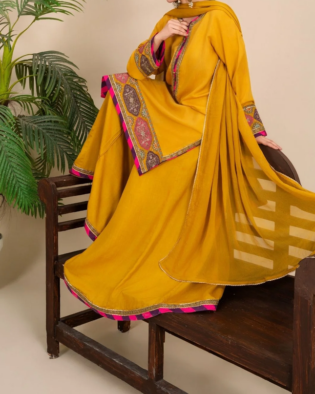 3-Piece Silk Viscose Suit with Chiffon Dupatta & Sharara | BASANT-B25-0005