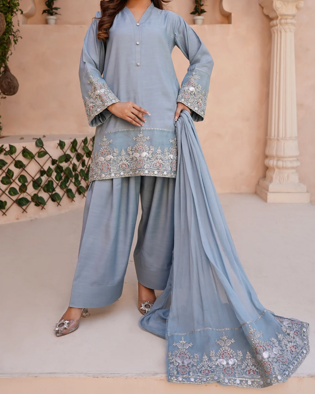 3Pc Embroidered Silk Viscose with Farshi Shalwar with Chiffon Embroidered Bordered Dupatta JASHAN-S25-0037
