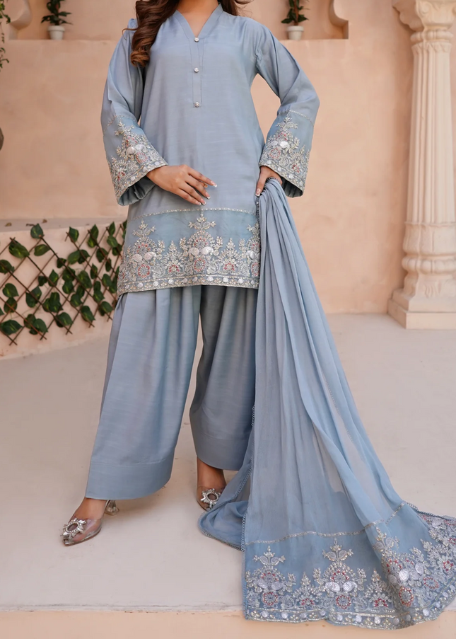 3Pc Embroidered Silk Viscose with Farshi Shalwar with Chiffon Embroidered Bordered Dupatta JASHAN-S25-0037