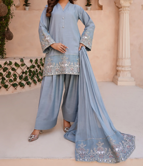 3Pc Embroidered Silk Viscose with Farshi Shalwar with Chiffon Embroidered Bordered Dupatta JASHAN-S25-0037