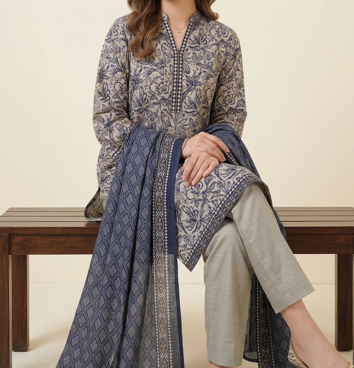 JHOOM 3pcs Stitched Printed Khaddar [D-6285]