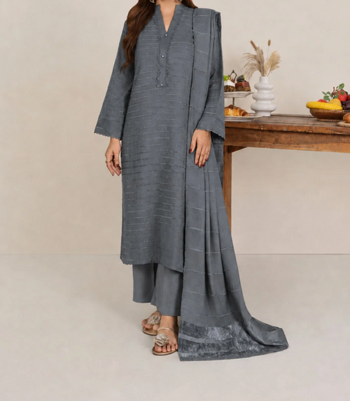 3pc Alpine Velvet Shirt with Velvet Border Shawl and Plain Trouser Grey AML-W26-0001