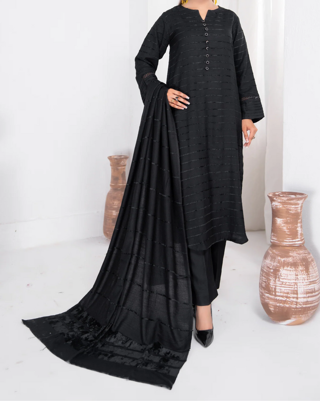 3pc Alpine Velvet Shirt with Velvet Border Shawl and Plain Trouser Black W24-VEL-0008
