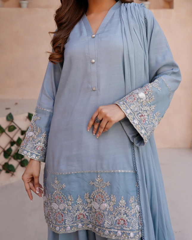3Pc Embroidered Silk Viscose with Farshi Shalwar with Chiffon Embroidered Bordered Dupatta JASHAN-S25-0037