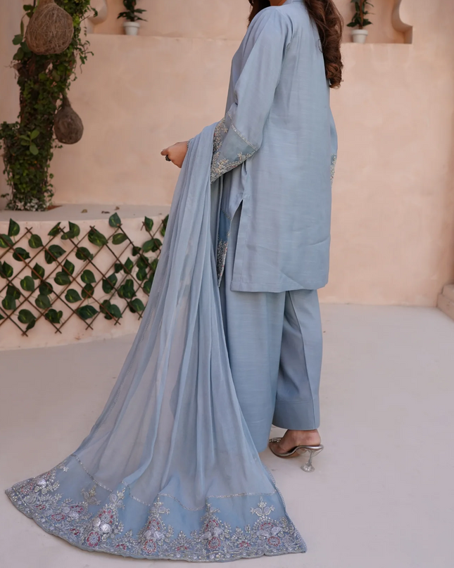 3Pc Embroidered Silk Viscose with Farshi Shalwar with Chiffon Embroidered Bordered Dupatta JASHAN-S25-0037