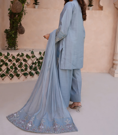 3Pc Embroidered Silk Viscose with Farshi Shalwar with Chiffon Embroidered Bordered Dupatta JASHAN-S25-0037