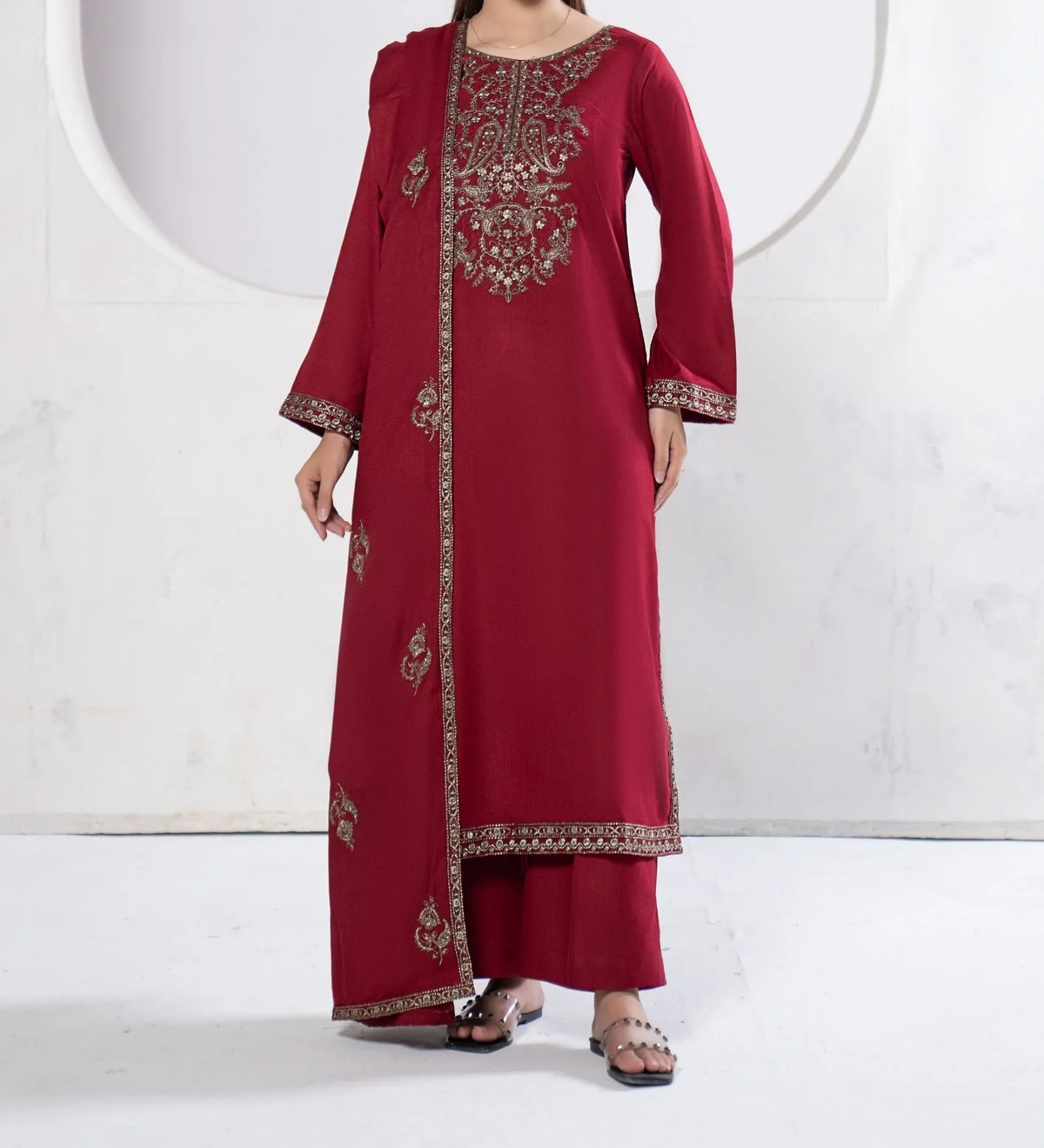 3Pc Tilla Embroidered Alpine Marina Maroon SAY-W26-0004