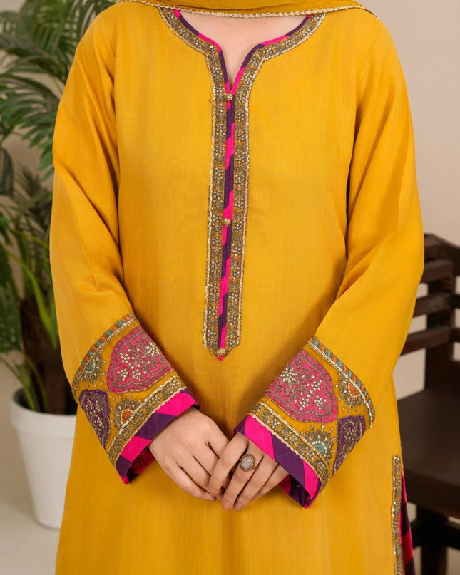 3-Piece Silk Viscose Suit with Chiffon Dupatta & Sharara | BASANT-B25-0005