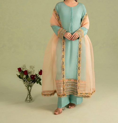 3Pc Embroidered Raw Silk with Organza Dupatta Sky Blue | LUXE-L25-0004
