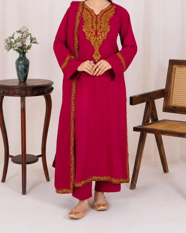 3pc Embroidered Alpine Karandi with Embroidered Border Shawl Hot Pink AML-W25-0022