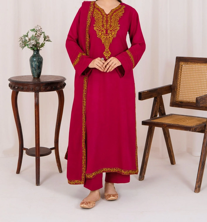 3pc Embroidered Alpine Karandi with Embroidered Border Shawl Hot Pink AML-W25-0022