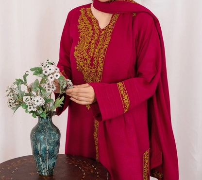 3pc Embroidered Alpine Karandi with Embroidered Border Shawl Hot Pink AML-W25-0022