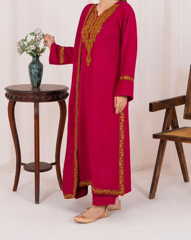 3pc Embroidered Alpine Karandi with Embroidered Border Shawl Hot Pink AML-W25-0022