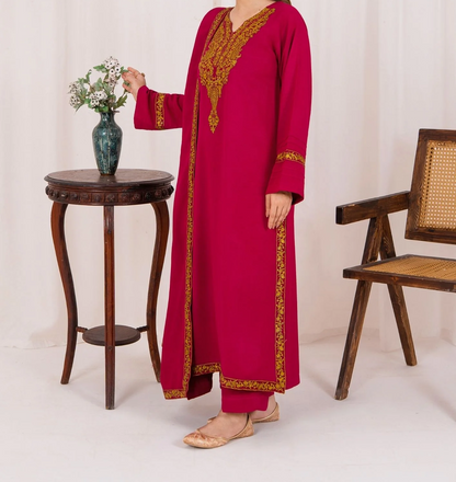 3pc Embroidered Alpine Karandi with Embroidered Border Shawl Hot Pink AML-W25-0022