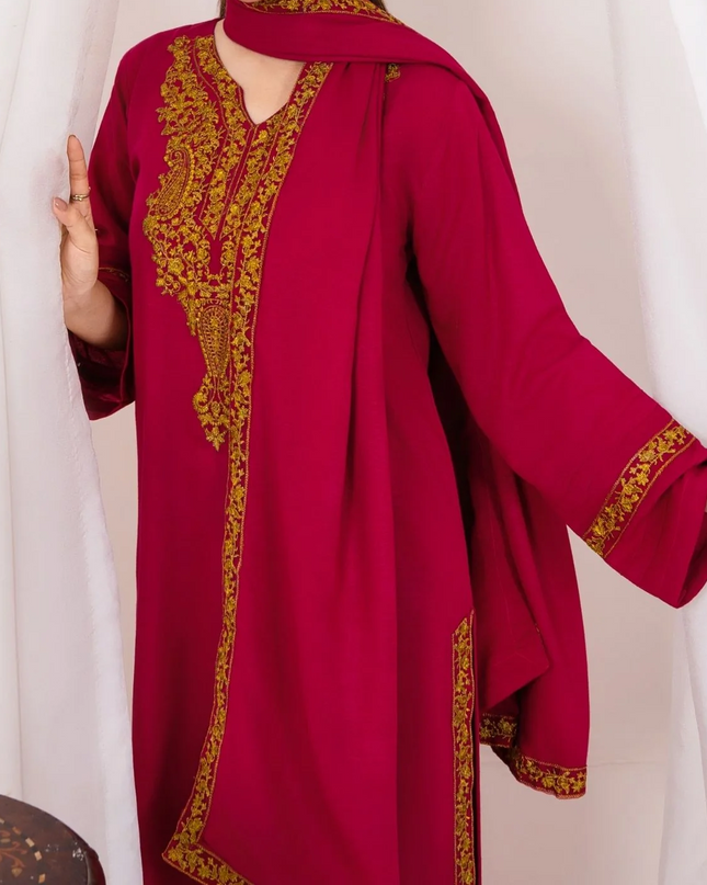 3pc Embroidered Alpine Karandi with Embroidered Border Shawl Hot Pink AML-W25-0022