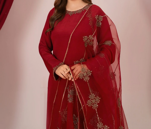 3Pc Embroidered Silk Viscose with Organza Dupatta Maroon | LUXE-L25-0002