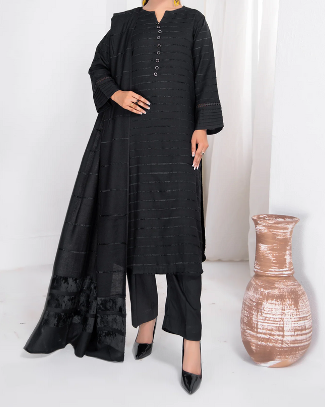 3pc Alpine Velvet Shirt with Velvet Border Shawl and Plain Trouser Black W24-VEL-0008