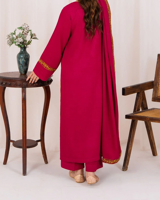 3pc Embroidered Alpine Karandi with Embroidered Border Shawl Hot Pink AML-W25-0022