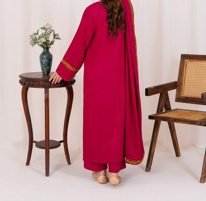 3pc Embroidered Alpine Karandi with Embroidered Border Shawl Hot Pink AML-W25-0022