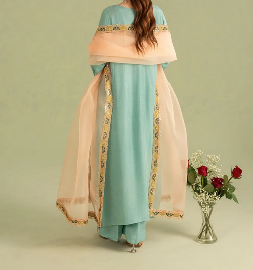 3Pc Embroidered Raw Silk with Organza Dupatta Sky Blue | LUXE-L25-0004