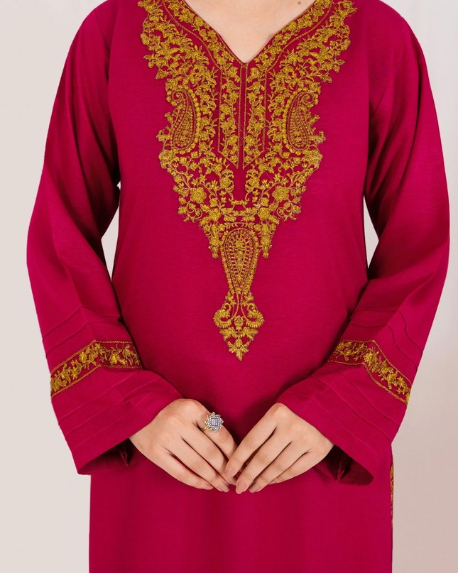 3pc Embroidered Alpine Karandi with Embroidered Border Shawl Hot Pink AML-W25-0022