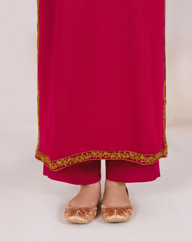 3pc Embroidered Alpine Karandi with Embroidered Border Shawl Hot Pink AML-W25-0022