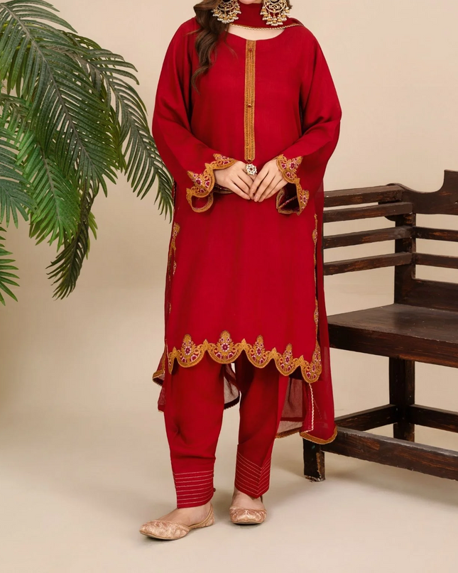 3Pc Embroidered Silk Viscose with Shalwar Red JASHAN-J26-0020