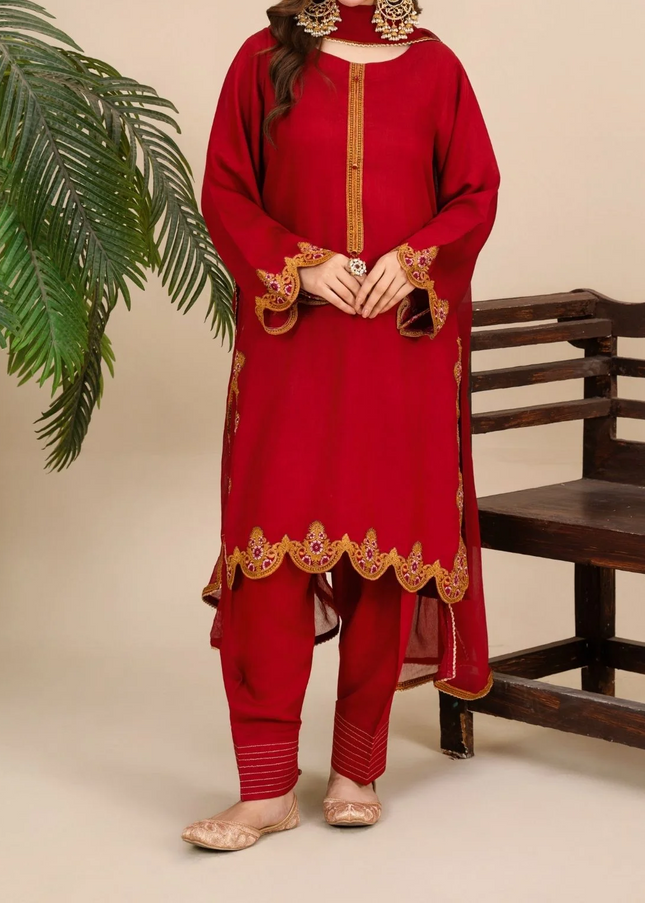 3Pc Embroidered Silk Viscose with Shalwar Red JASHAN-J26-0020