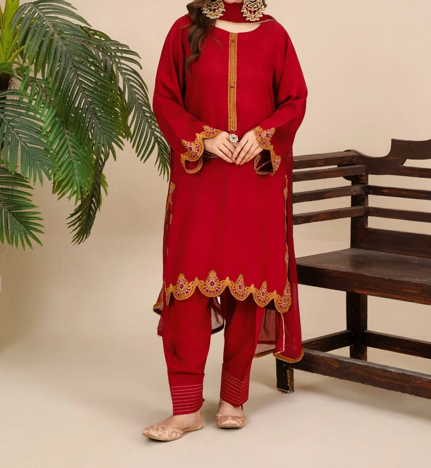 3Pc Embroidered Silk Viscose with Shalwar Red JASHAN-J26-0020