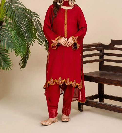 3Pc Embroidered Silk Viscose with Shalwar Red JASHAN-J26-0020