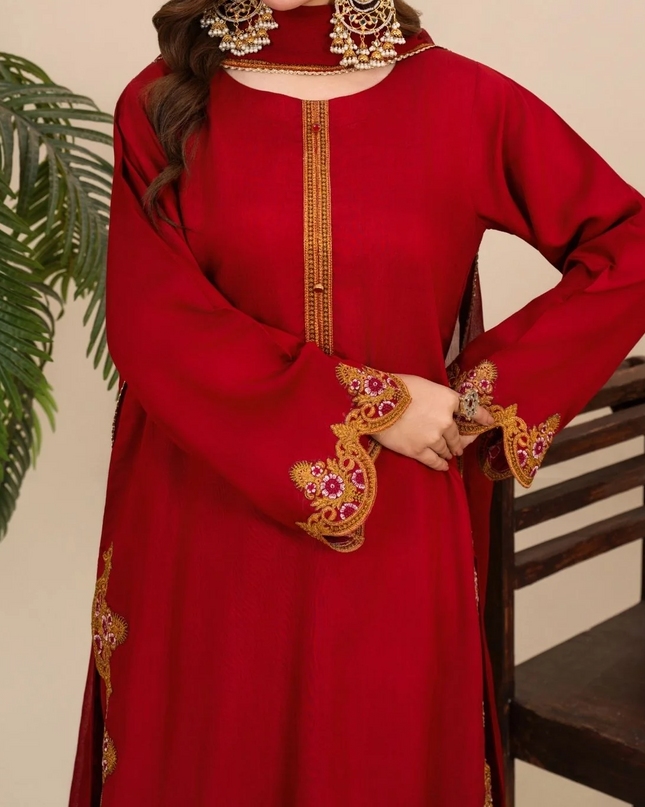 3Pc Embroidered Silk Viscose with Shalwar Red JASHAN-J26-0020