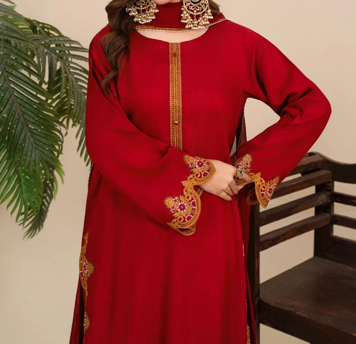 3Pc Embroidered Silk Viscose with Shalwar Red JASHAN-J26-0020